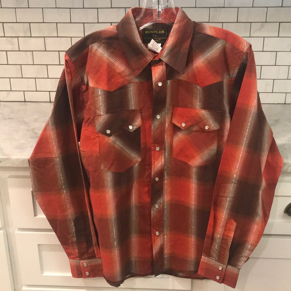 Rustler Wrangler Pearl Snap Shirt Boys XL Orange Plaid Button-Up Saw Tooth Rodeo